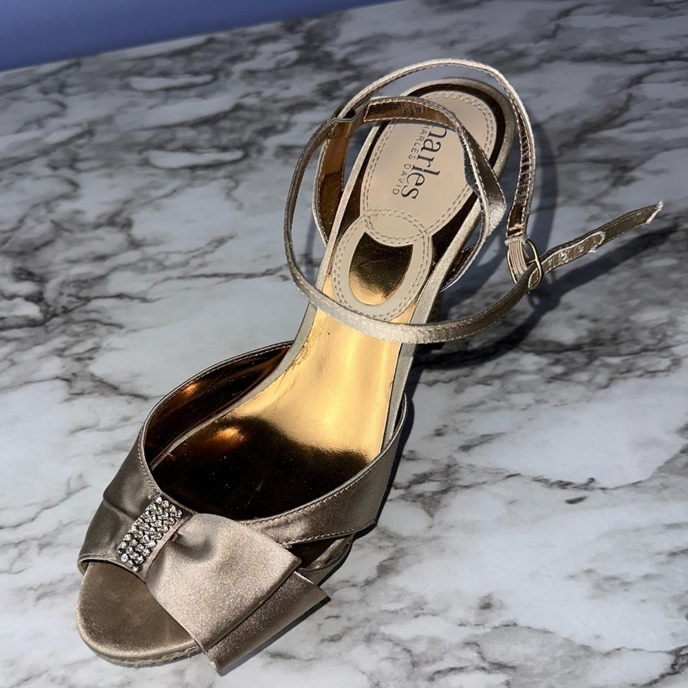 Charles David Formal Gold Heels with Rhinestone Bow Accents - Picture 13 of 13
